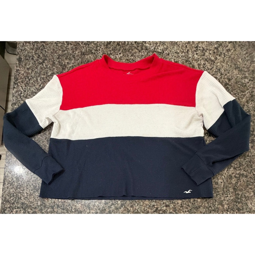 Hollister Womens Colorblock Waffle Knit Thermal Top Navy White Red Long Sleeve L